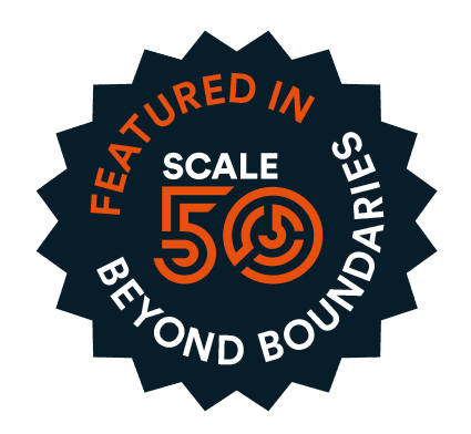 Seal with text: "Featured in Scale 50 Beyond Boundaries" on a dark circular background with orange accents.