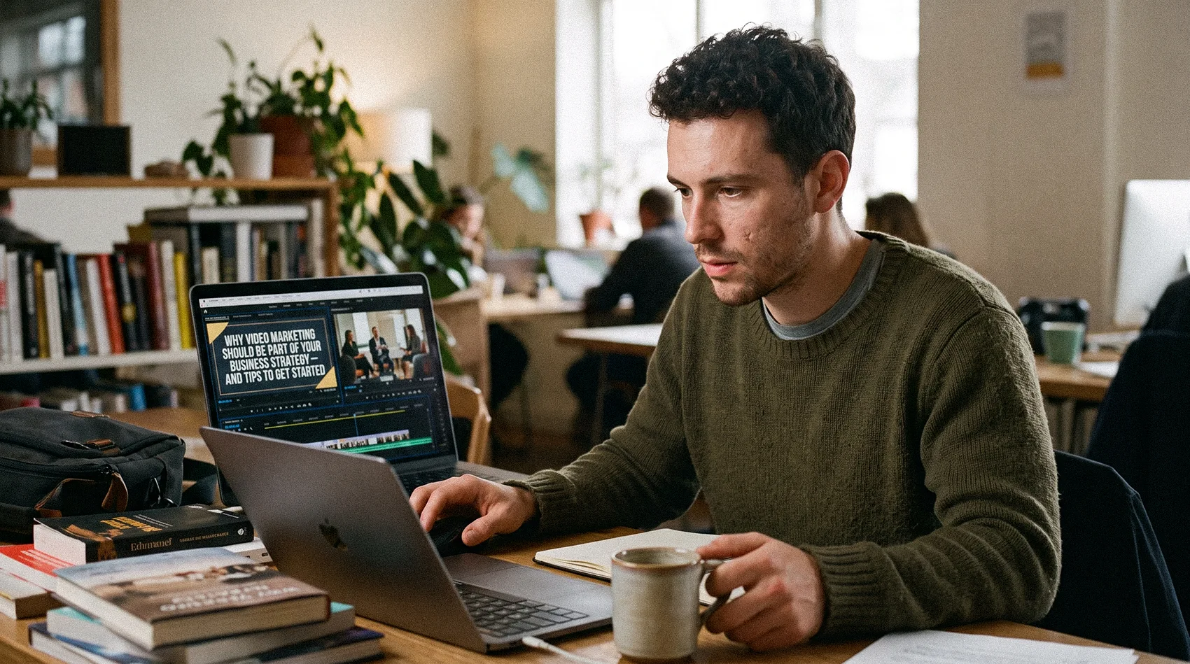 Man editing video marketing strategy video on two laptops in cafe - why video should be part of business strategy tips