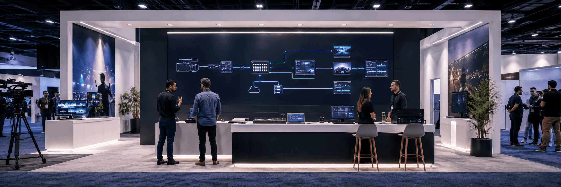 NAB technical workflow booth with screen-led demo, workflow graphics, and staff handoff area