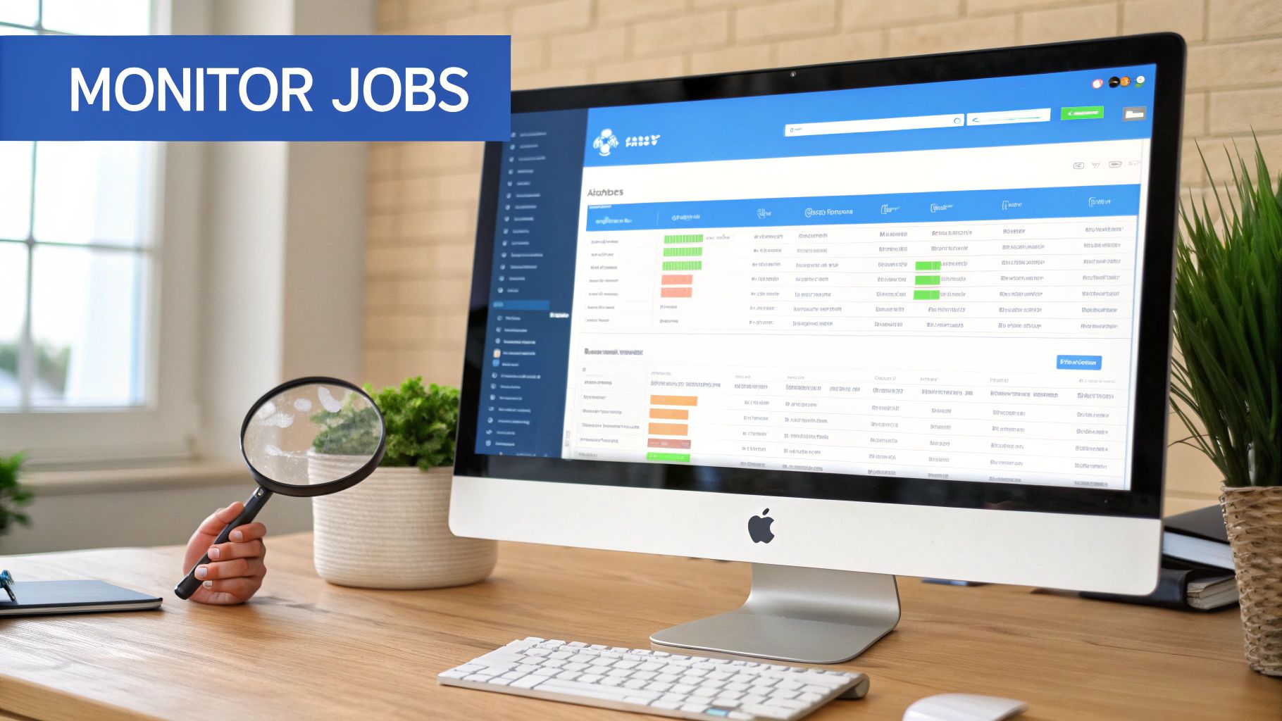 Person holding magnifying glass near computer monitor displaying job monitoring dashboard with data analytics