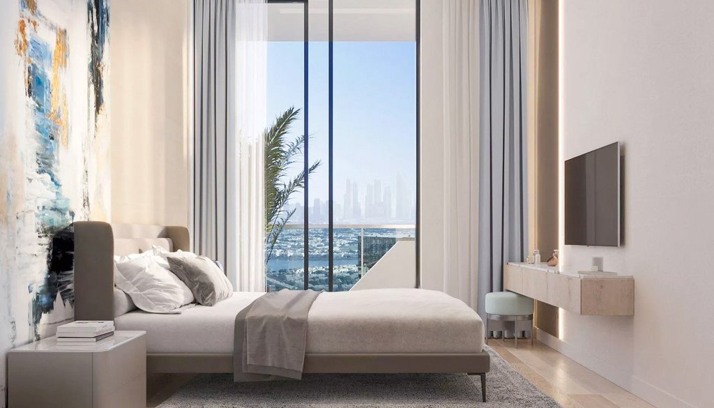 A modern bedroom featuring a large painting on the wall, showcasing a stylish and contemporary design.