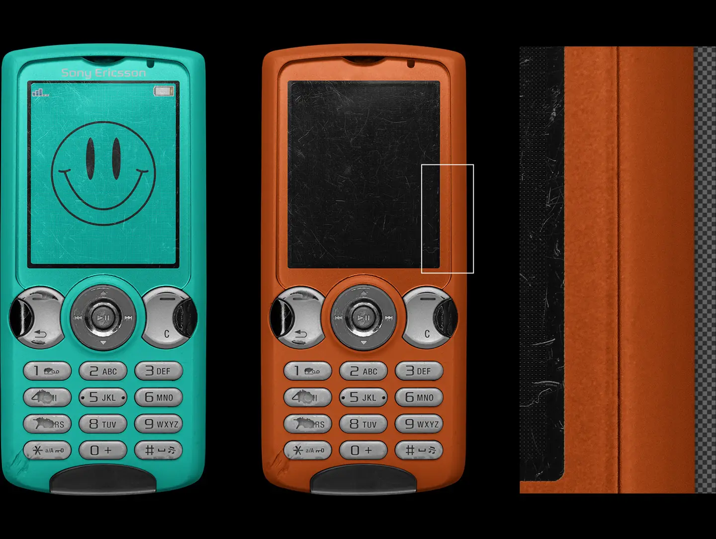 Vintage mobile phone mockup showing worn plastic texture and scratched screen detail