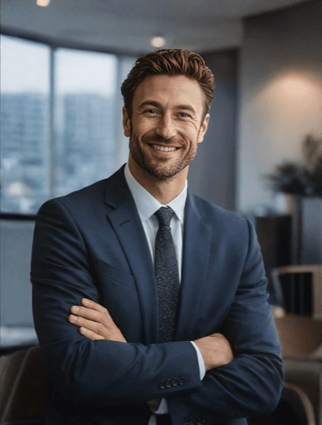 Businessman in dark suit, smiling confidently.