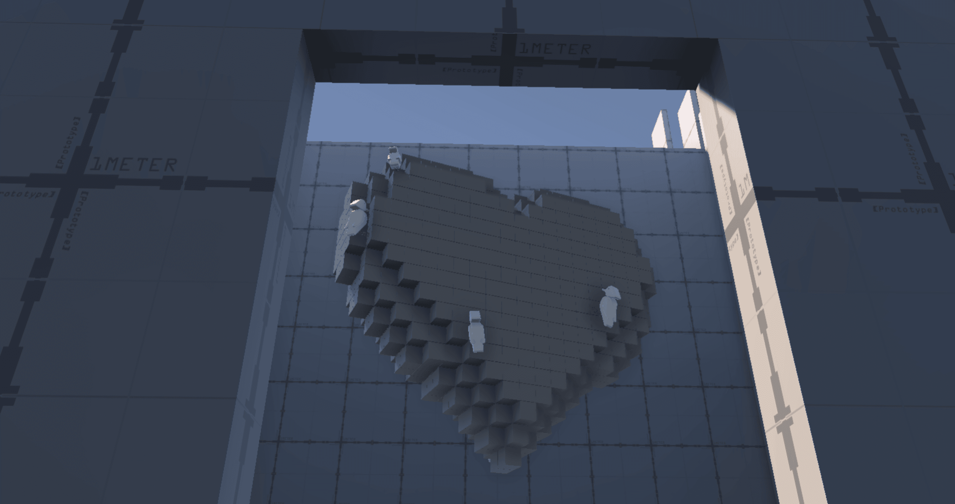 3D voxel-style heart structure with four small human figures on top inside a lighted room