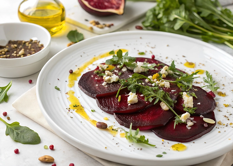 Carpaccio z pieczonego buraka z Musztardą Majonezowo-Chrzanową Konik