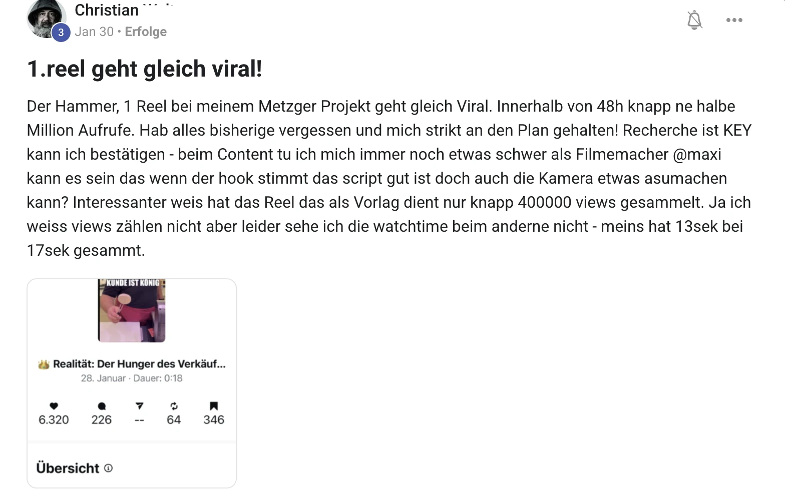 Erfahrungsbericht KI Creator Akademie: Filmemacher Christian mit erstem Instagram-Reel über 500.000 Aufrufe
