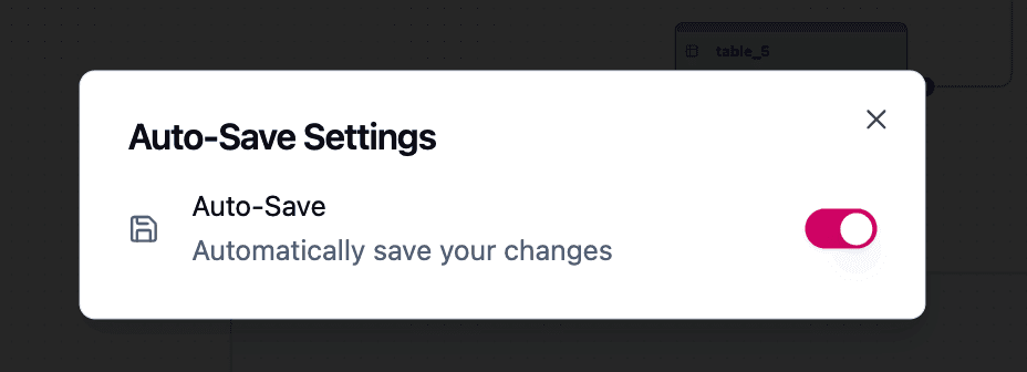 Auto-Save settings modal in ChartDB with a toggle switch enabled and a description reading 'Automatically save your changes