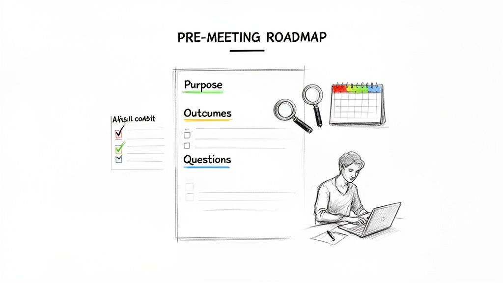 A pre-meeting roadmap sketch showing purpose, outcomes, questions, a checklist, and a person working.