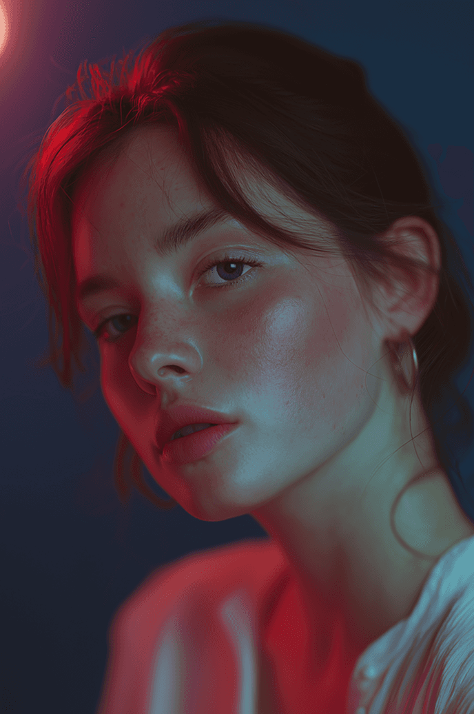 A woman with striking red eyes wearing a white shirt, looking directly at the camera with a neutral expression.