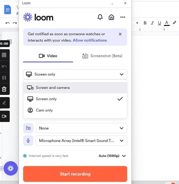 Loom screen recording widget with screen, camera, and microphone options for async product walkthroughs