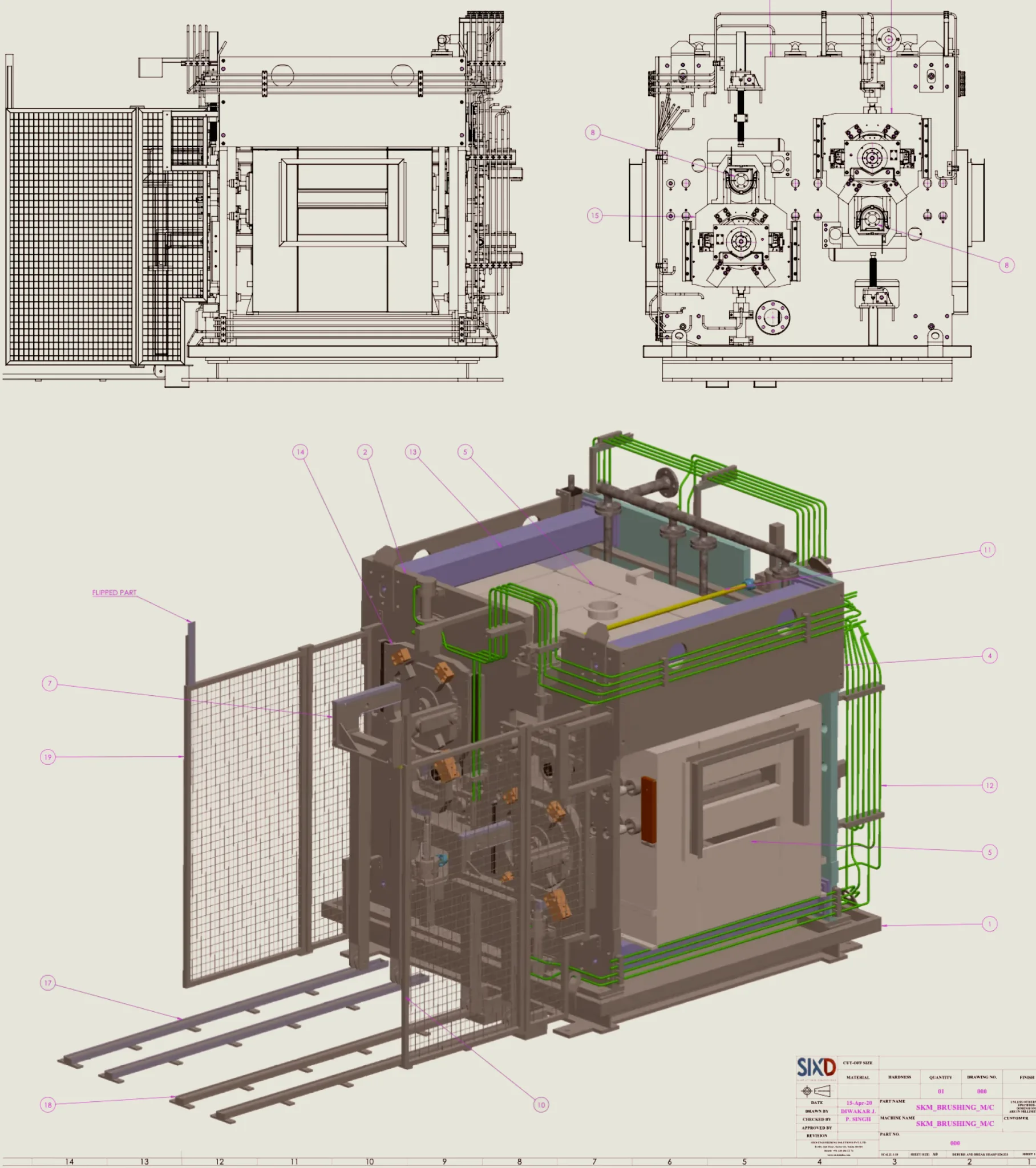 Autumn leaves frame modern city buildings under clear sky.