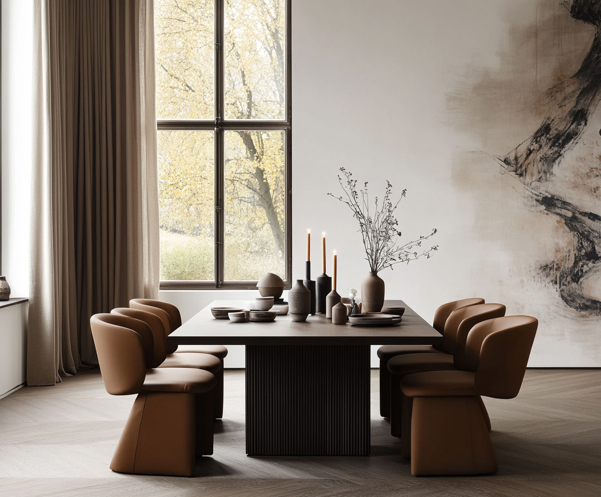 Ein modernes Esszimmer mit einem rechteckigen Tisch für sechs Personen, umgeben von braunen gepolsterten Stühlen. Dieses CGI-Rendering zeigt minimalistisches Dekor, Kerzen, Vasen mit Zweigen, ein großes Fenster und abstrakte Wandkunst für zusätzliches Licht und Stil.