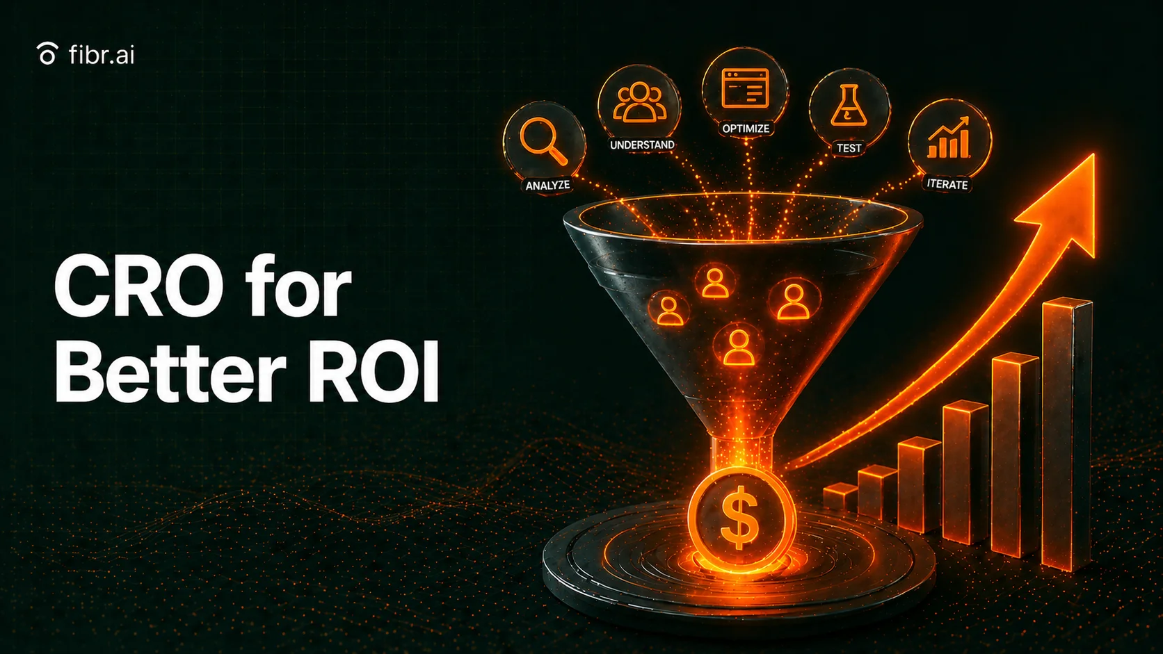 CRO for better ROI visualization showing optimization steps like analysis, testing, and iteration transforming user interactions into revenue growth and improved marketing performance.