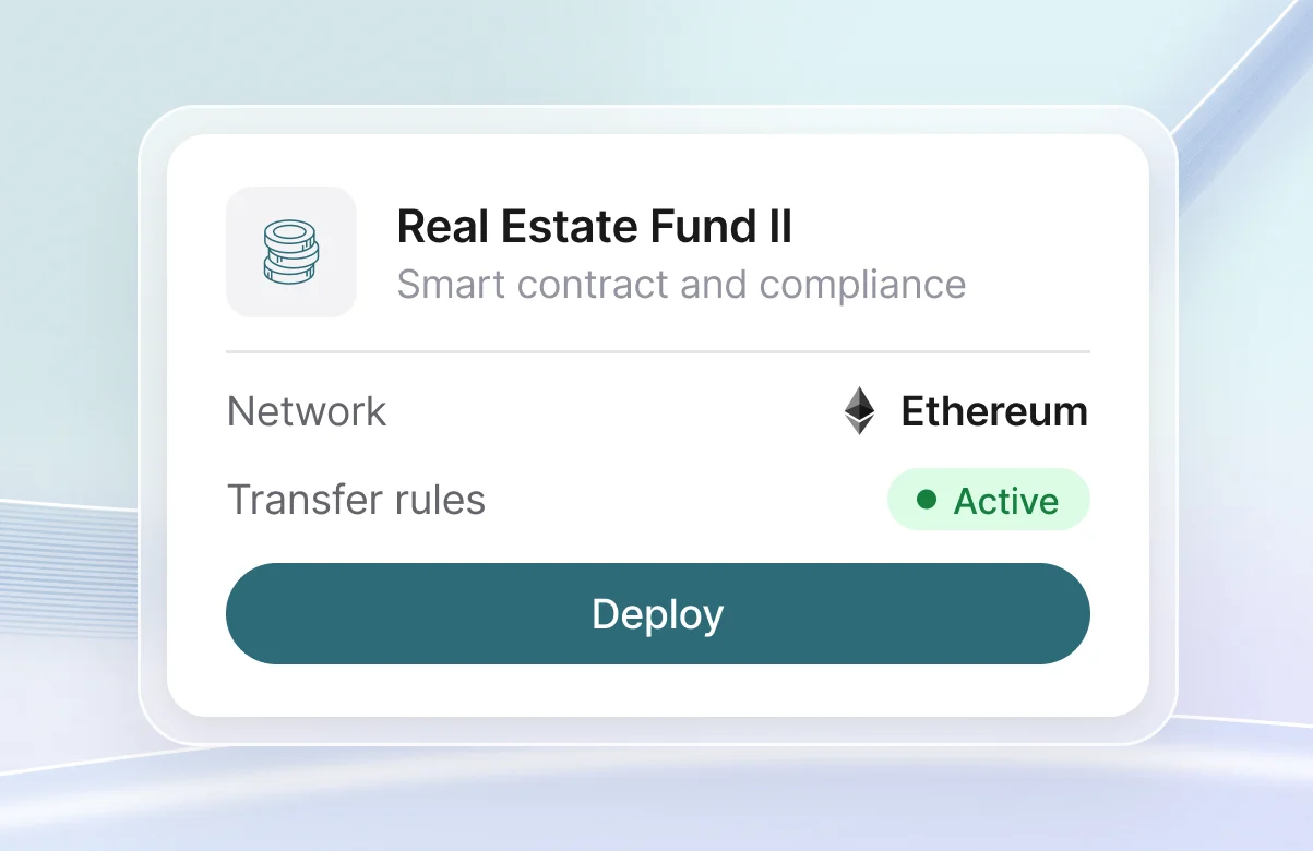 Real Estate Fund II smart contract on Ethereum, with transfer rules active and a Deploy button.