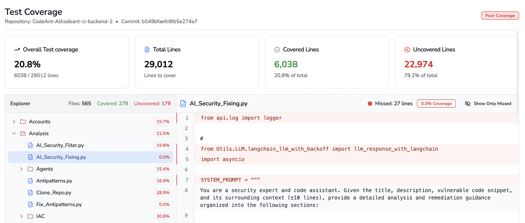 Test coverage dashboard showing overall coverage percentage, covered vs uncovered lines, file-level test coverage breakdown, and missed lines to measure code quality, testability, and software test coverage metrics in a CI pipeline.