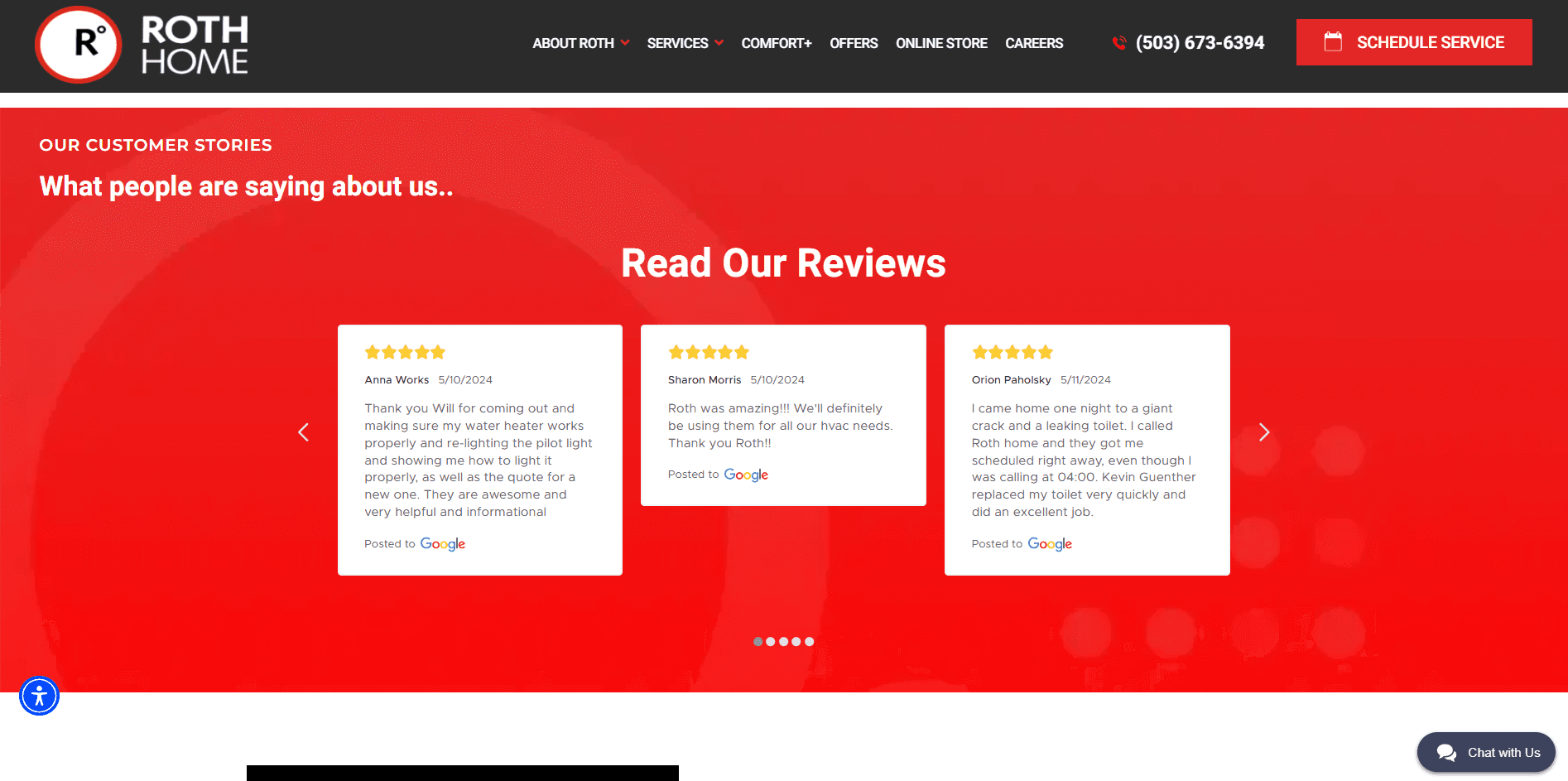 hvac website showcasing google reviews on its homepage