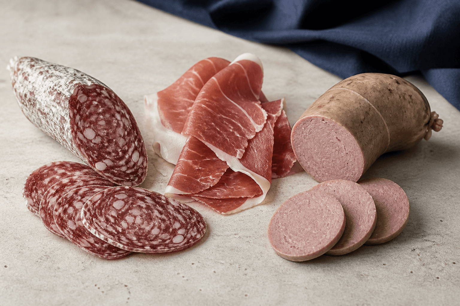 Salami, luftgetrockneter Schinken und Brühwurst auf einer hellen Arbeitsfläche
