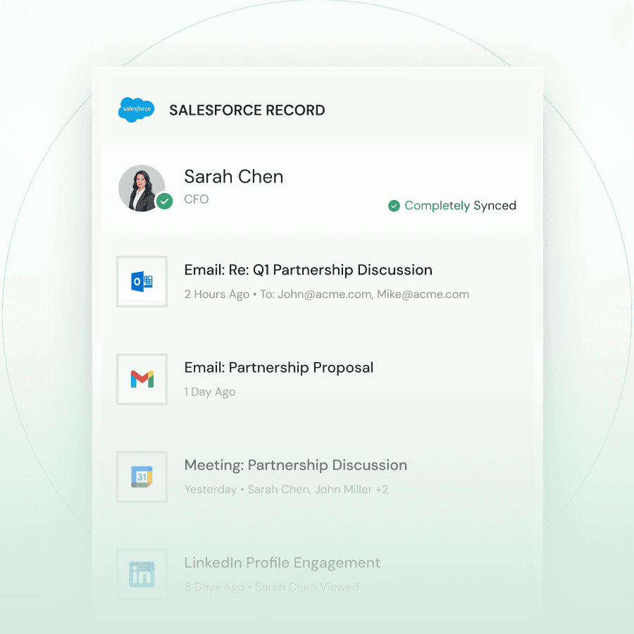 RevenueGrid Salesforce sidebar capturing emails and syncing CRM contact data directly from inbox communication.