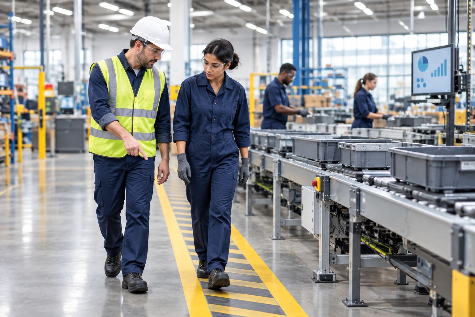 Supervisor walking a new hire through a manufacturing floor safety orientation