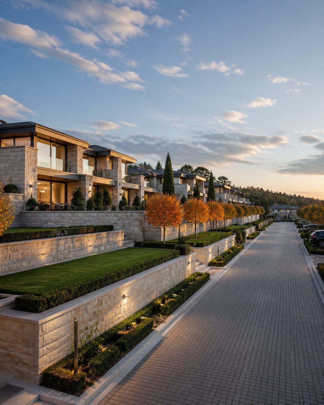 Walled garden estates on the landscaped terraces at Marrow Hill in autumn