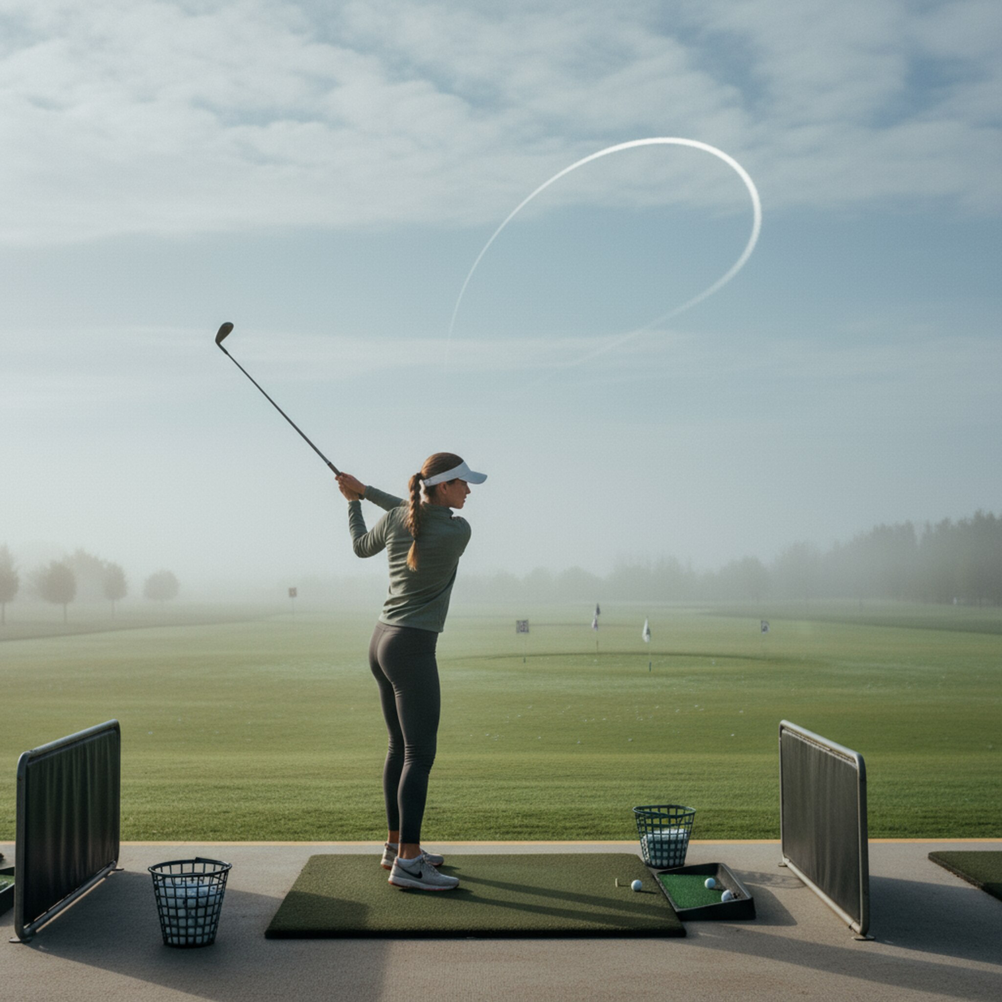 Früher Morgen auf der Driving Range: Tau glänzt auf den Matten, eine Golferin schwingt ruhig durch und der Ball zeichnet eine helle Spur in den grauen Himmel. Zwischen den Entfernungsmarkierungen stehen Eimer mit Bällen. Leises Klacken, klare Linien, konzentrierte Stimmung. Die Bays liegen ordentlich nebeneinander.
