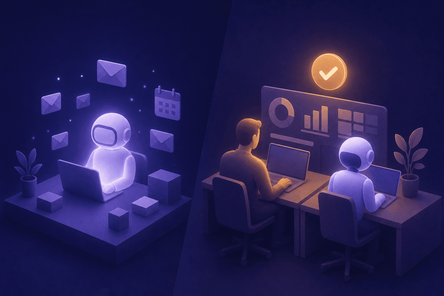 A conceptual split-scene illustration comparing two sales team configurations. On the left, a single glowing autonomous robot figure sits at a desk surrounded by floating email envelopes and calendar icons, representing a fully automated SDR workflow with no human presence. On the right, a human silhouette and a robot figure work side by side at adjacent workstations, with a shared dashboard visible between them and a checkmark approval symbol floating above, representing a hybrid AI-human collaboration model. Dark navy background, flat geometric design, cool blue and amber accent colors, clean modern aesthetic. No text, no words, no letters, no numbers.