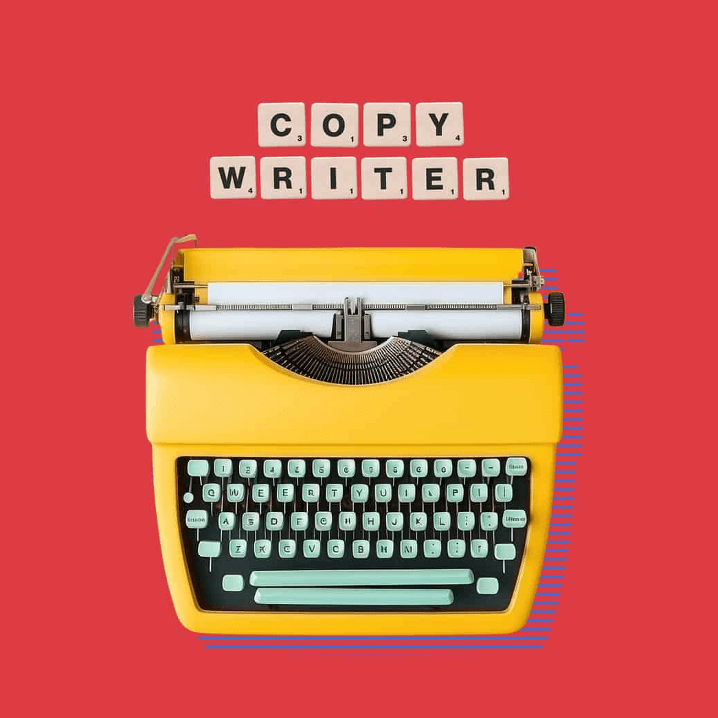 Máquina de escribir amarilla sobre fondo rojo con fichas que deletrean "copywriter".