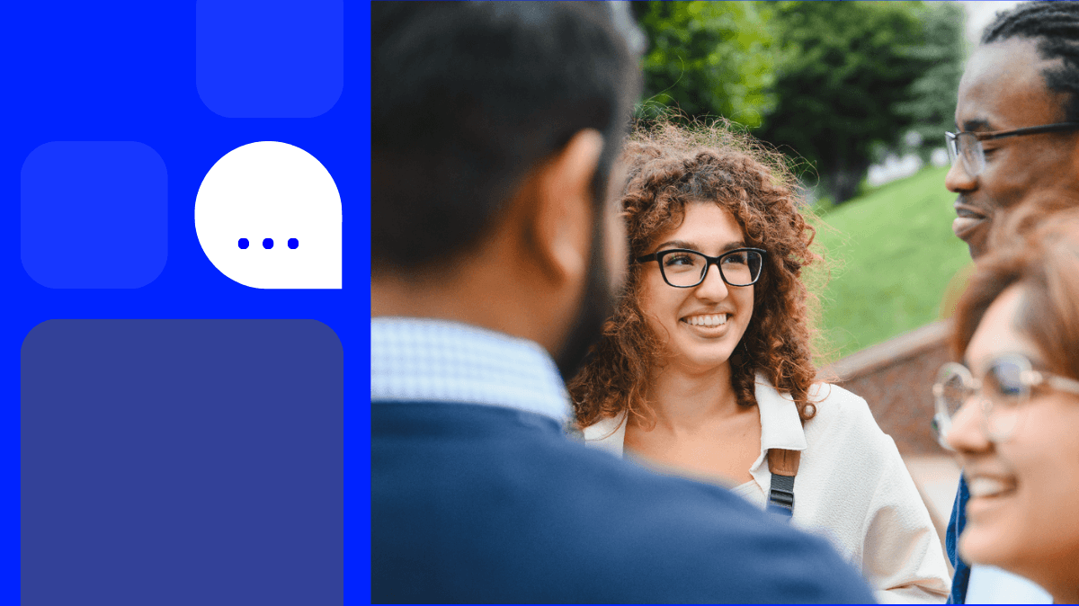 A promotional image shows a crowd of people engaged in conversation