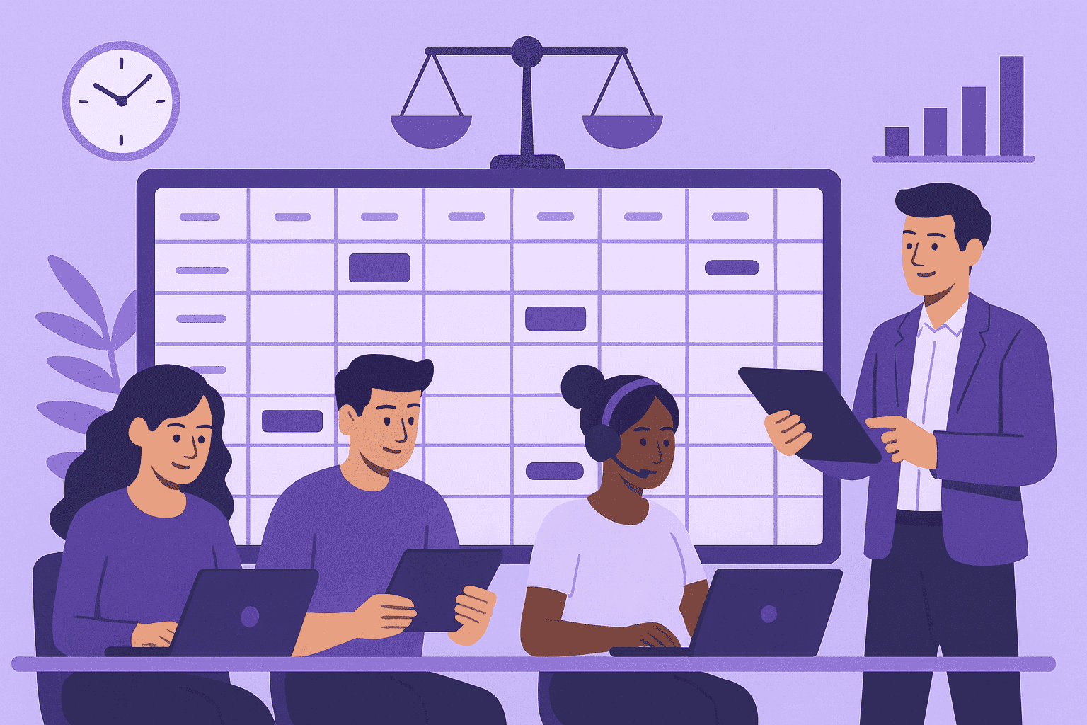 A flat-style digital illustration showing a diverse group of employees collaborating calmly in front of a large, balanced calendar board. A manager with a tablet oversees the scheduling process, symbolizing fairness, efficiency, and well-structured workforce management.