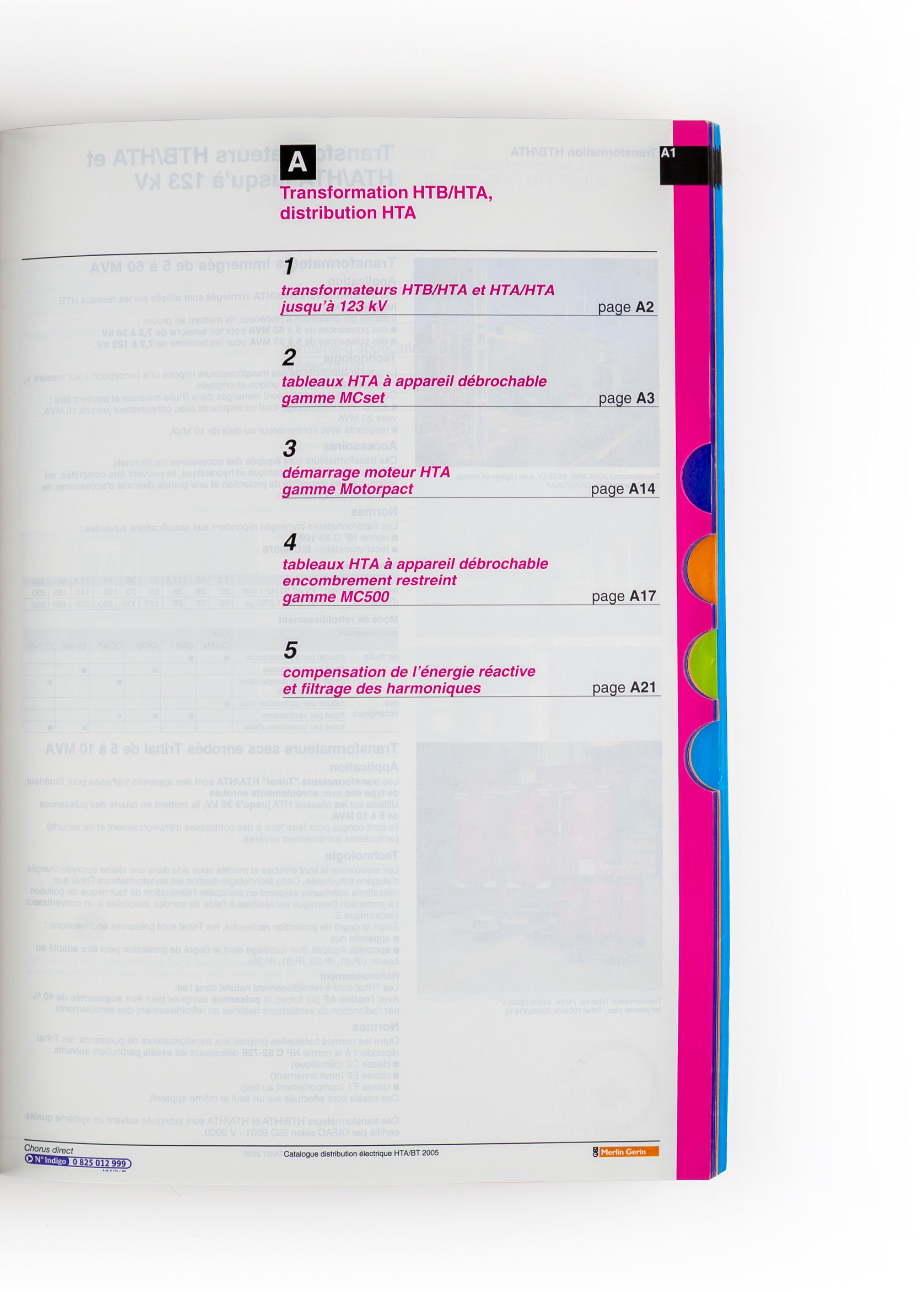 Intercalaire "Transformation HTB/HTA, distribution HTA" du catalogue Schneider Electric — sommaire de la section avec onglets colorés de navigation