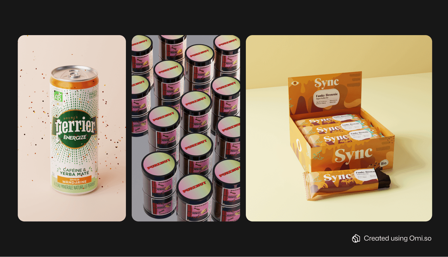 Digital Twin packshot imagery of Perrier can, pistachio cans, and protein bars.