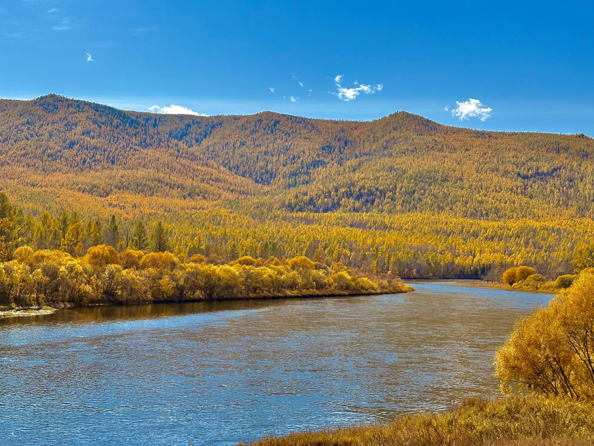 A view from an airplane window shows the aircraft's wing with a golden hue reflecting the setting sun, against a serene backdrop of fluffy clouds and a clear sky.