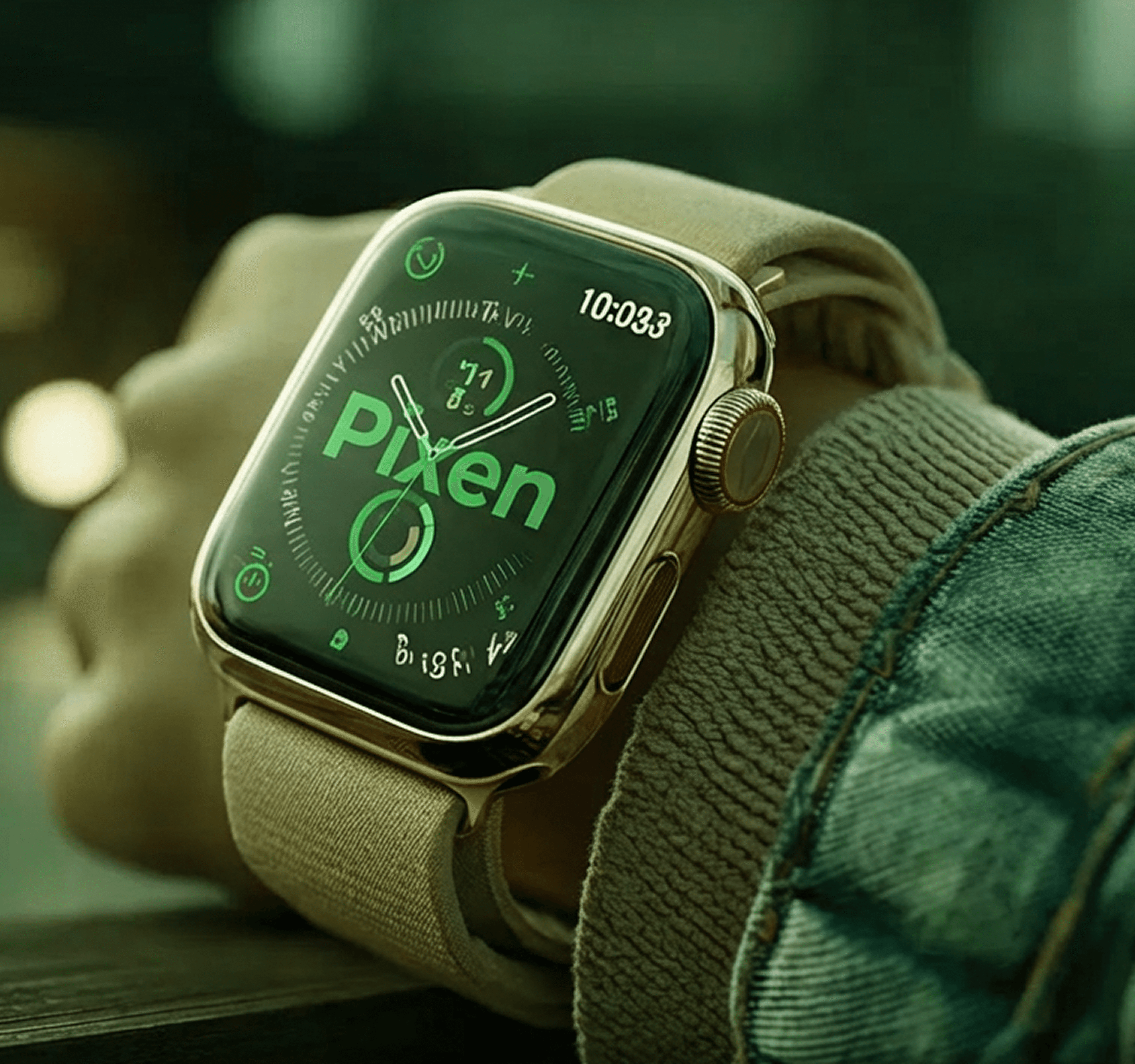 Gold smartwatch with beige strap showing 'Pixen' face