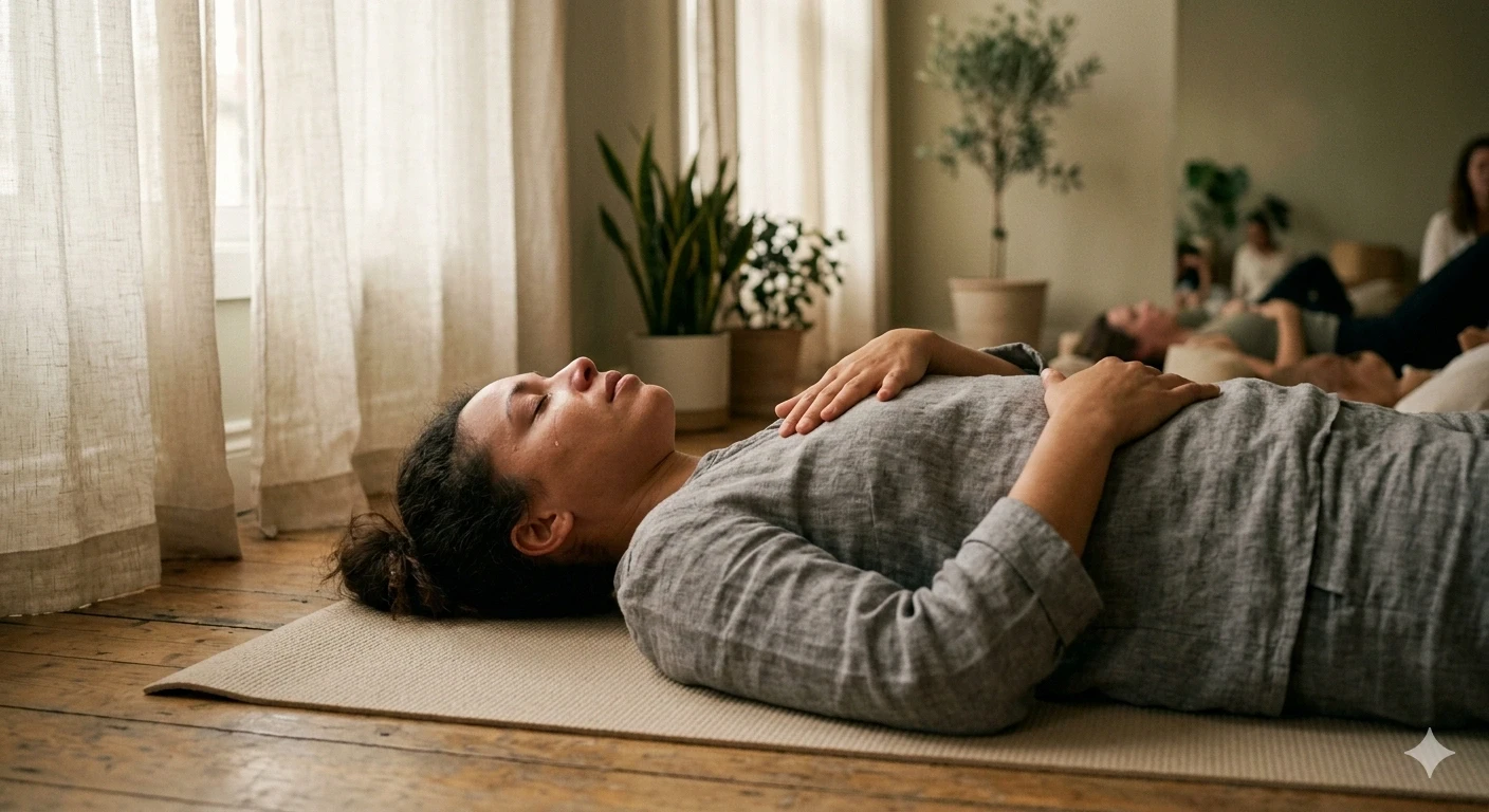 Woman sitting in sunlight with eyes closed, wearing relaxed neutral clothing in a peaceful setting.