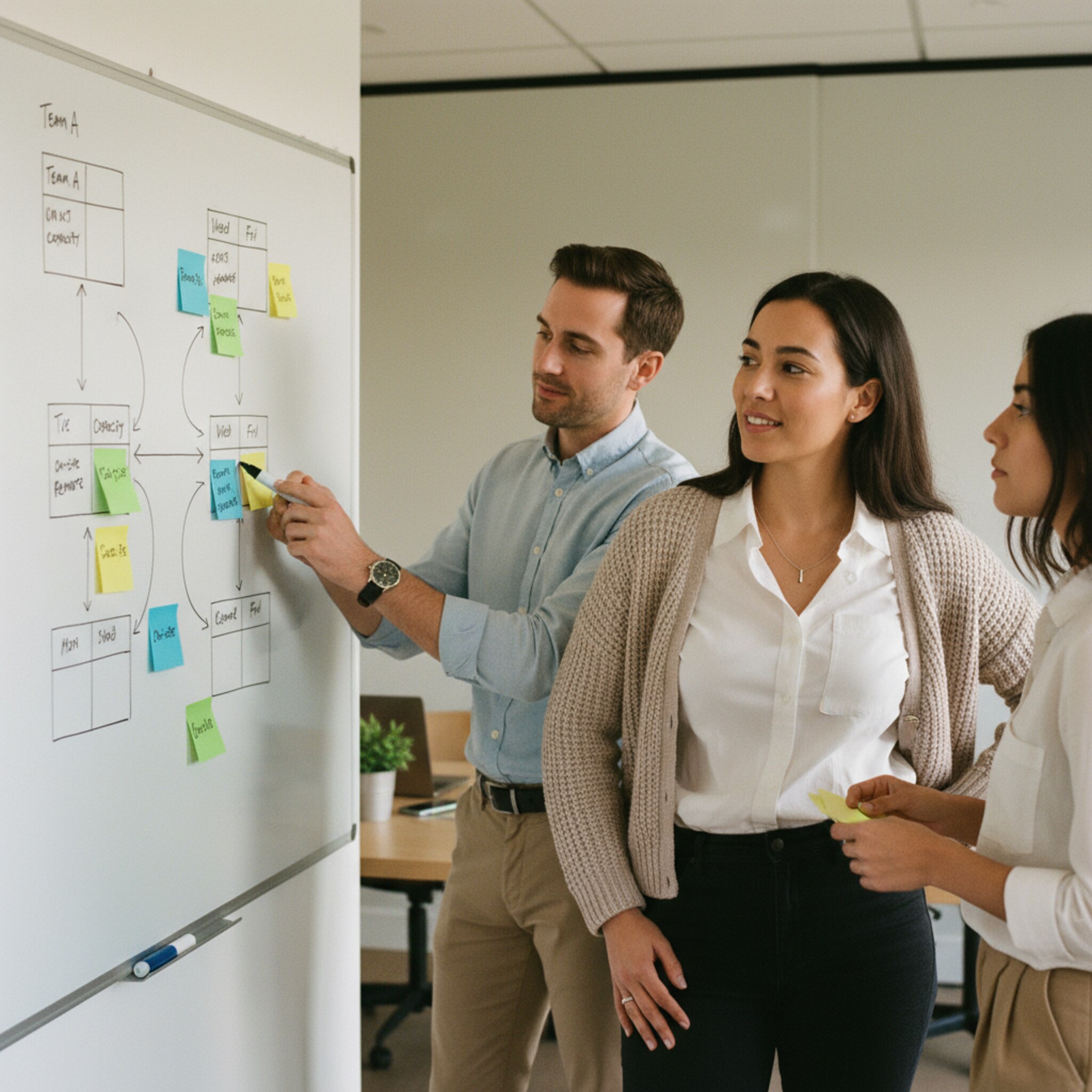 Ein Office-Manager steht vor einem Whiteboard mit handschriftlichen Belegungsplänen, Pfeilen und Markierungen für Team-Tage. Zwei Kolleginnen diskutieren Kapazitäten und markieren Bereiche mit farbigen Post-its. Die Szene wirkt analytisch, konzentriert und zielgerichtet.