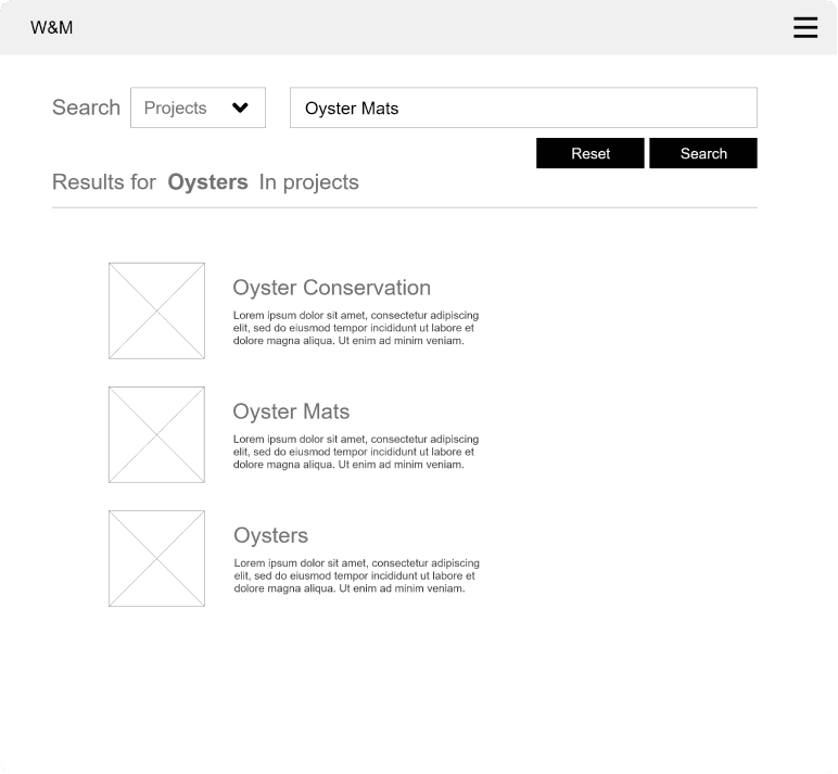 Search results page for the term "Oyster Mats" under the Projects category on the W&M website. Three project listings appear: Oyster Conservation, Oyster Mats, and Oysters, each with a placeholder image, title, and brief placeholder description. A search bar with dropdown filters, along with Search and Reset buttons, is displayed at the top.