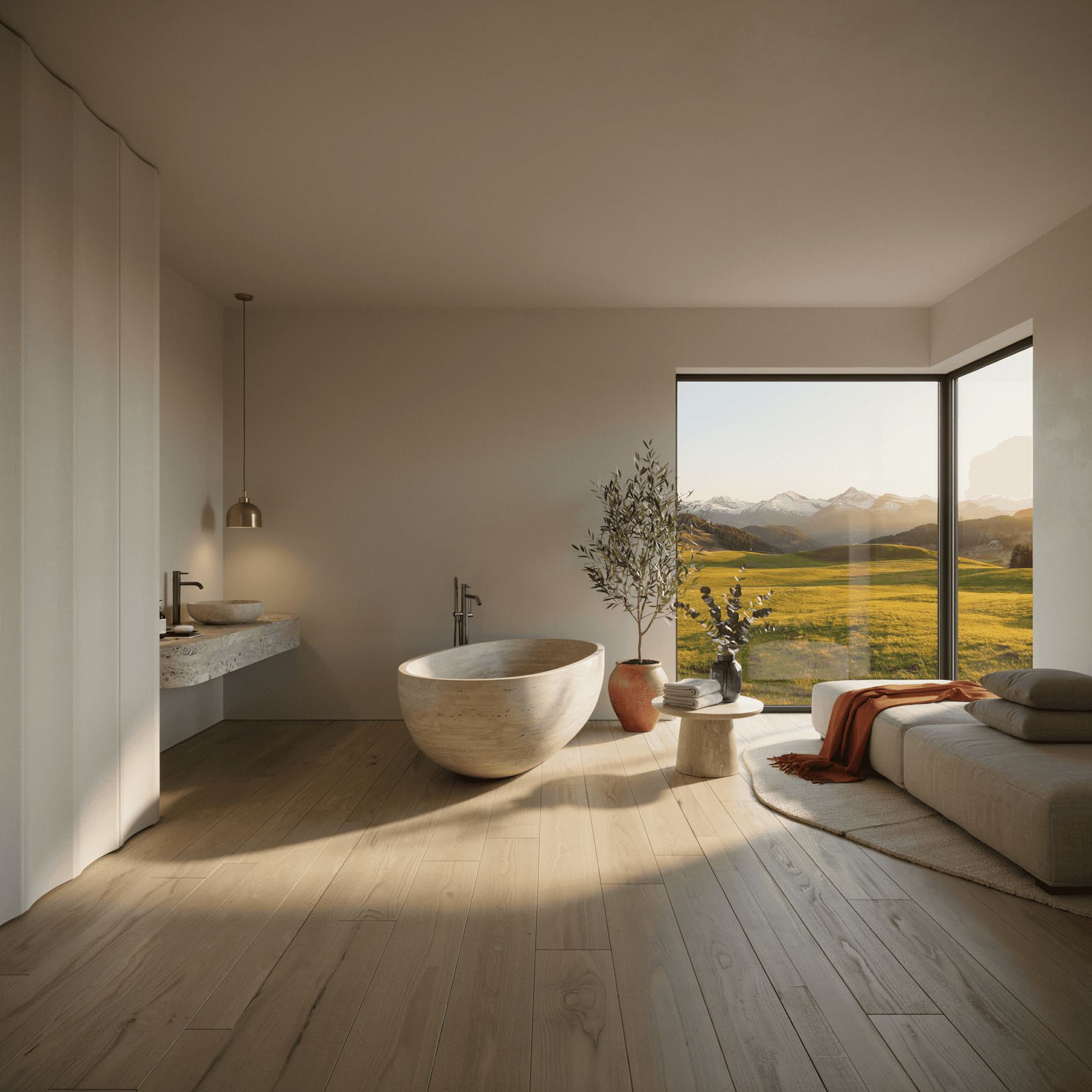 Warm alpine bedroom with linen bedding, timber ceiling beams, and soft daylight from mountain-facing windows