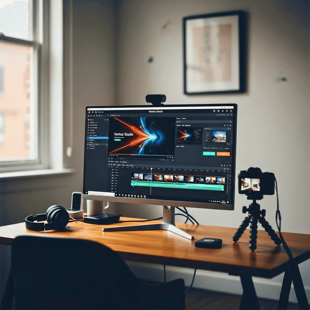 Estación de trabajo de postproducción mostrando un software de edición de video y motion graphics en un monitor de escritorio, junto a equipo de cámara y auriculares.