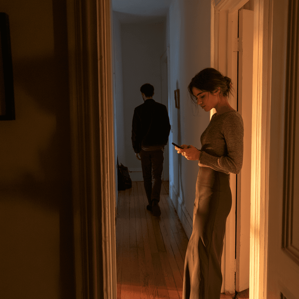 A woman following a man into the next room while he keeps walking away