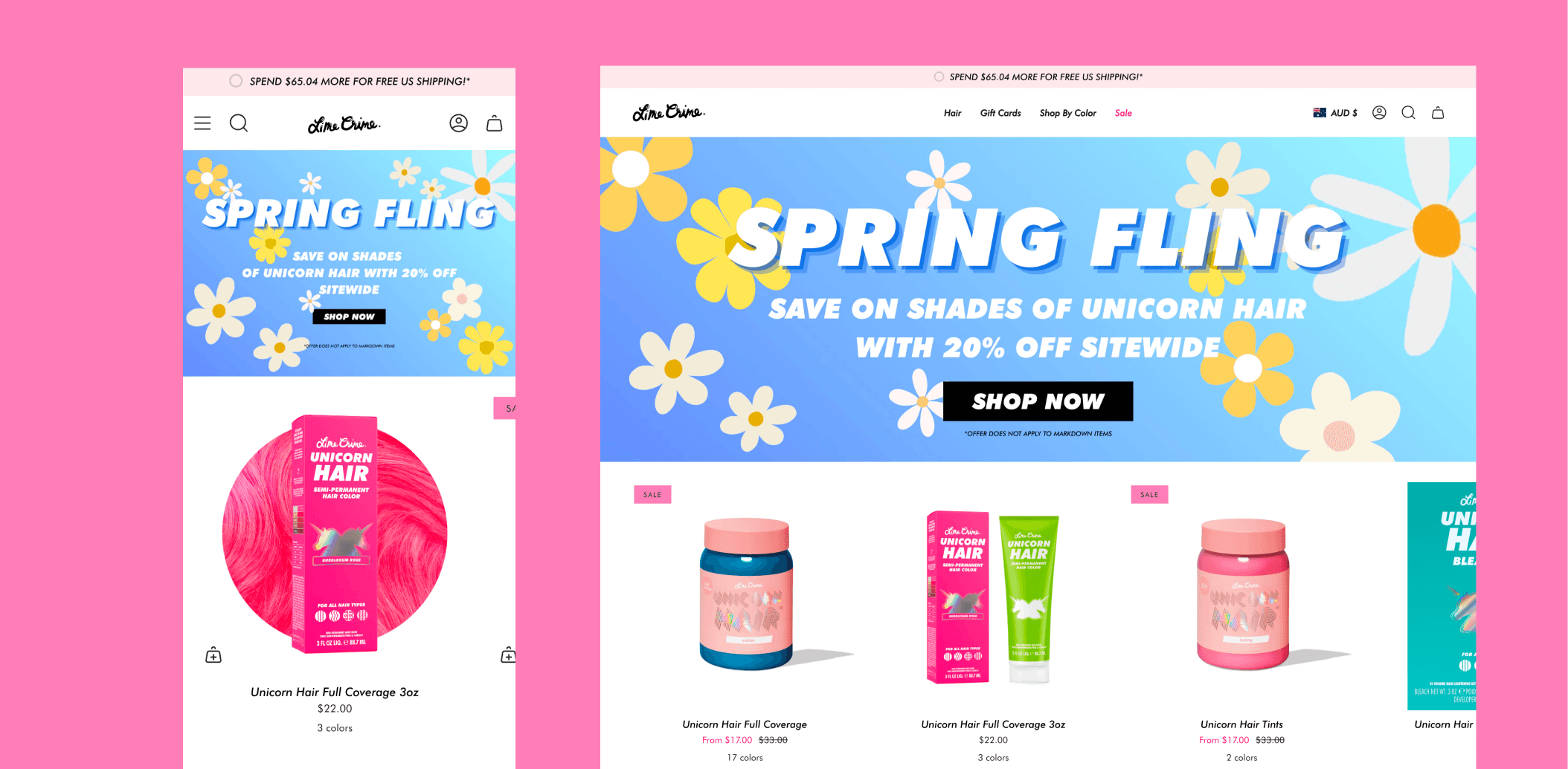 Shopify homepage for Lime Crime highlighting seasonal promotion and featured products