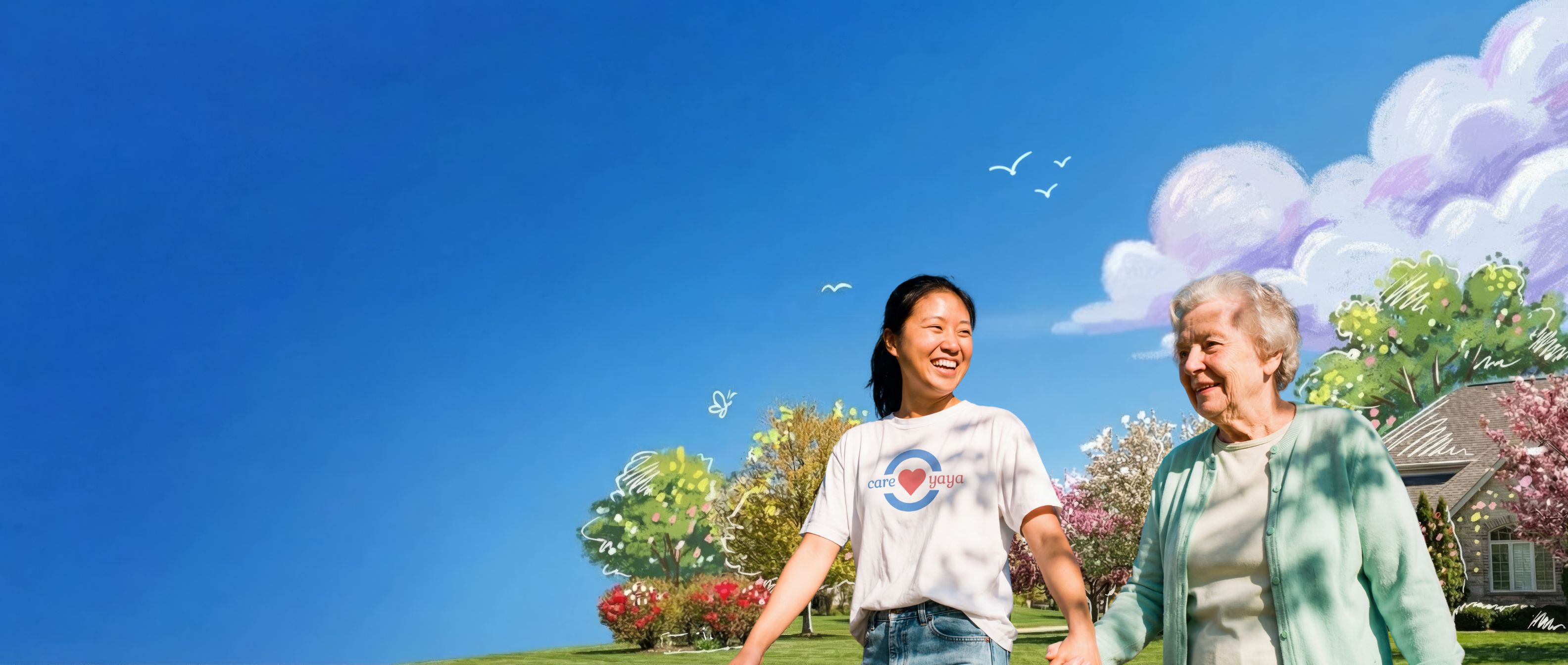 Young asian woman in CareYaya T-shirt holds hands with an older adult woman while taking a walk. Oil pastel doodles accent the neighborhood background