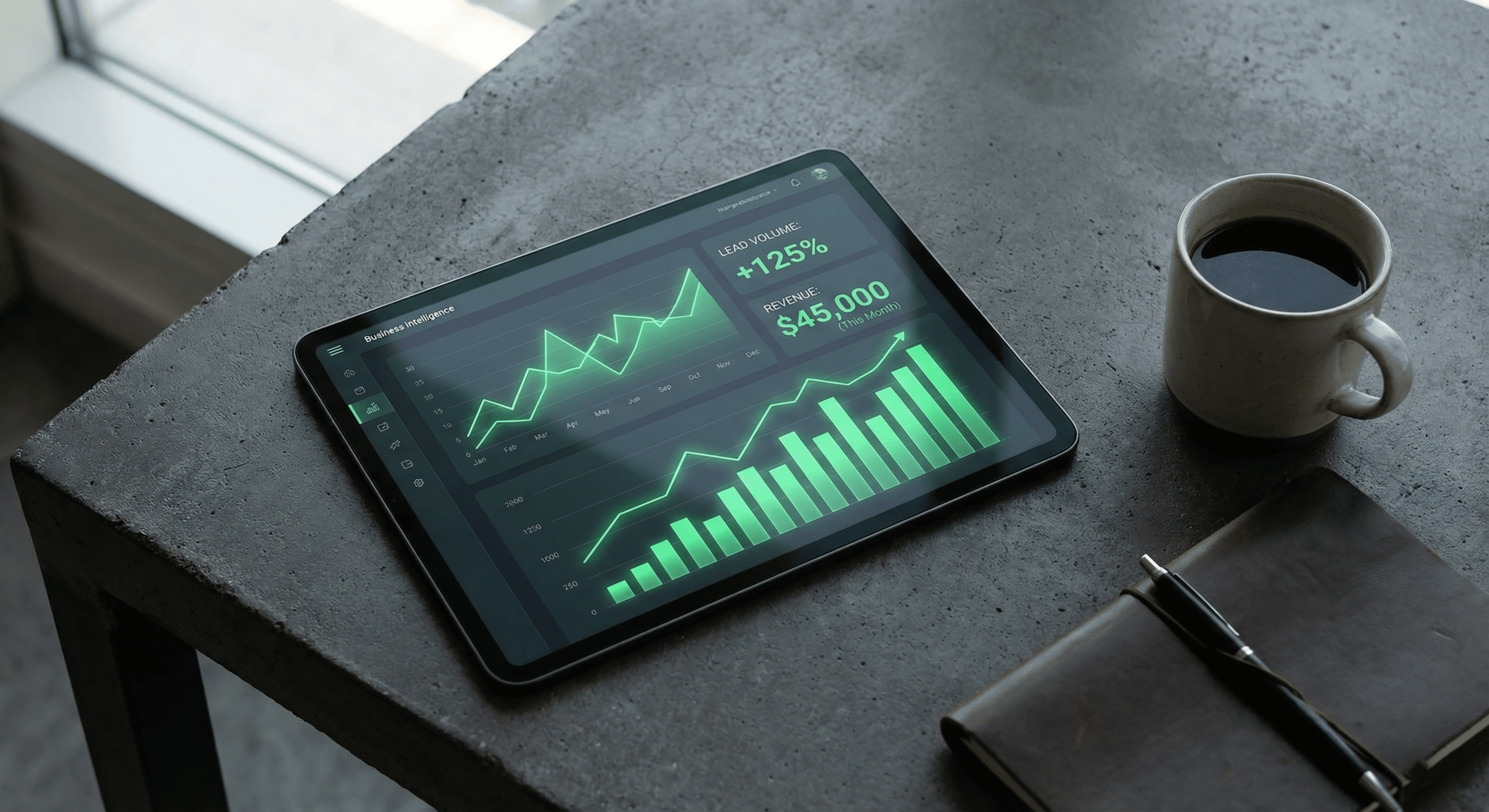 A digital tablet dashboard showing positive revenue growth metrics from a pay per lead campaign