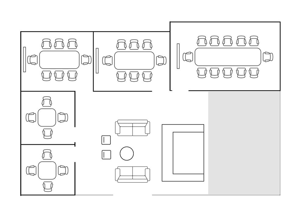 An floorplan for a mediation service, displaying room, table and seating arrangements.