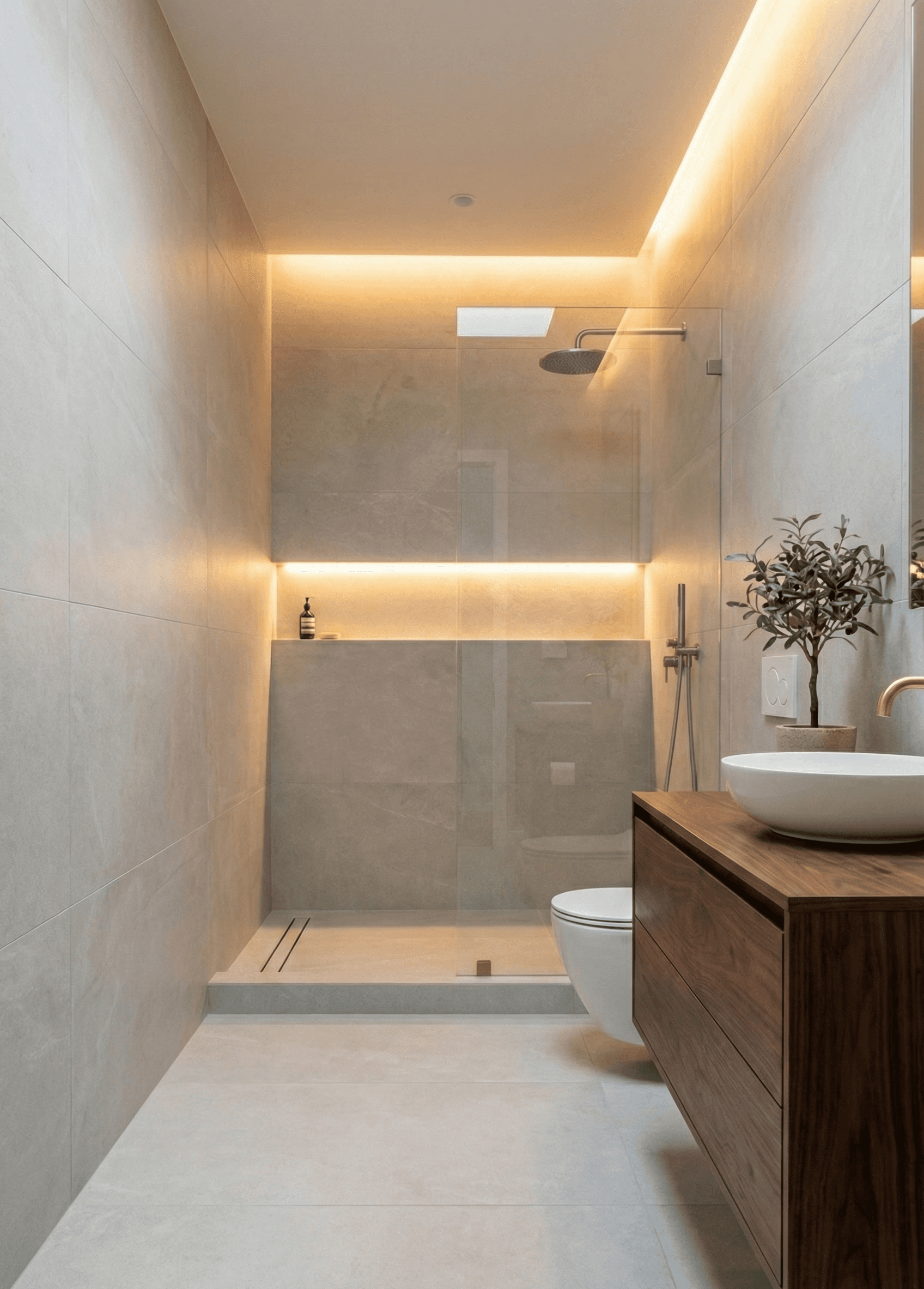 Modern master bathroom remodel in Los Angeles by Renova Built, featuring a tub-to-walk-in shower conversion. This design includes custom tile work, a frameless glass enclosure, and updated plumbing fixtures for a spa-like finish.