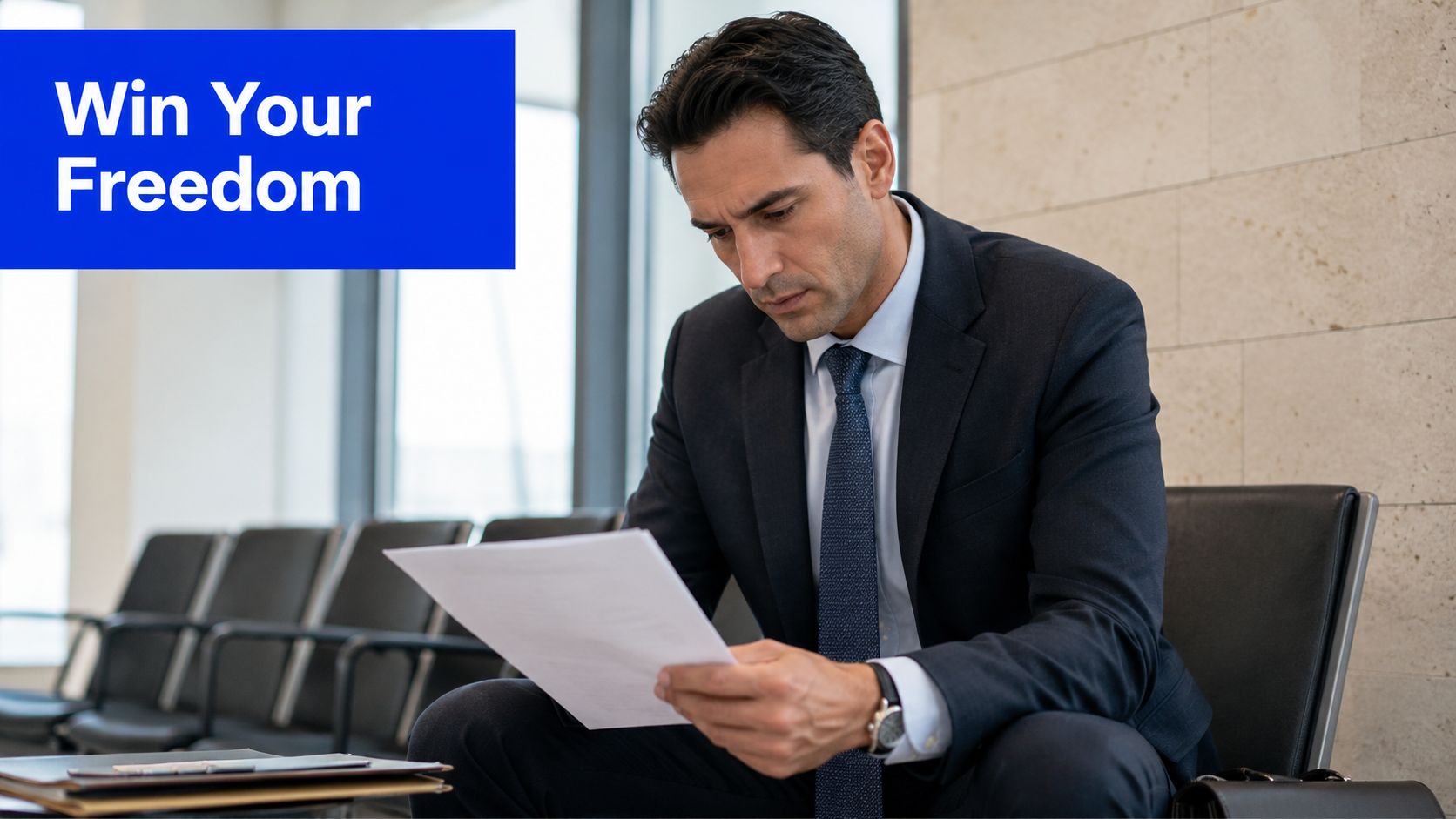 A professional man in a suit reviewing legal documents while sitting in a waiting area.