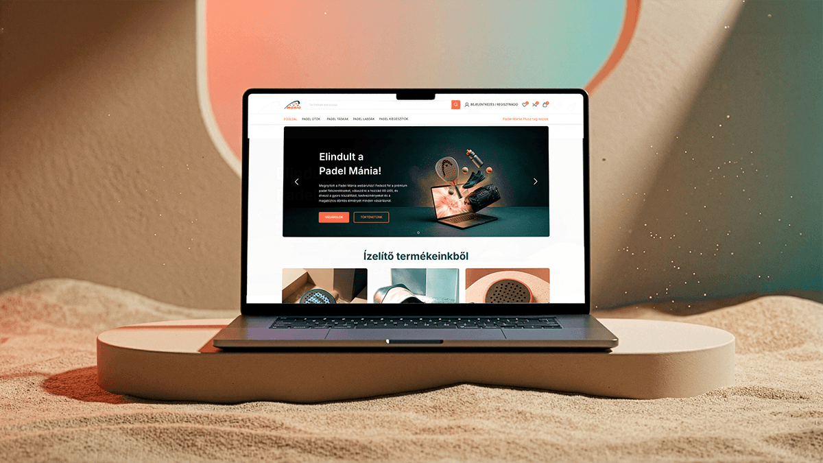 Laptop with branded hero image for Padel Mania, which is a padel online shop.