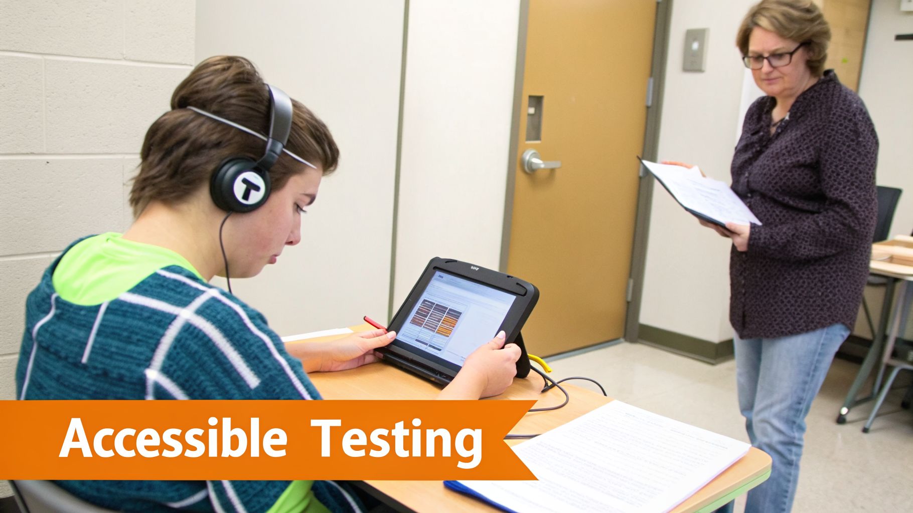 A student wears headphones while using a tablet for an accessible test, supervised by an adult.