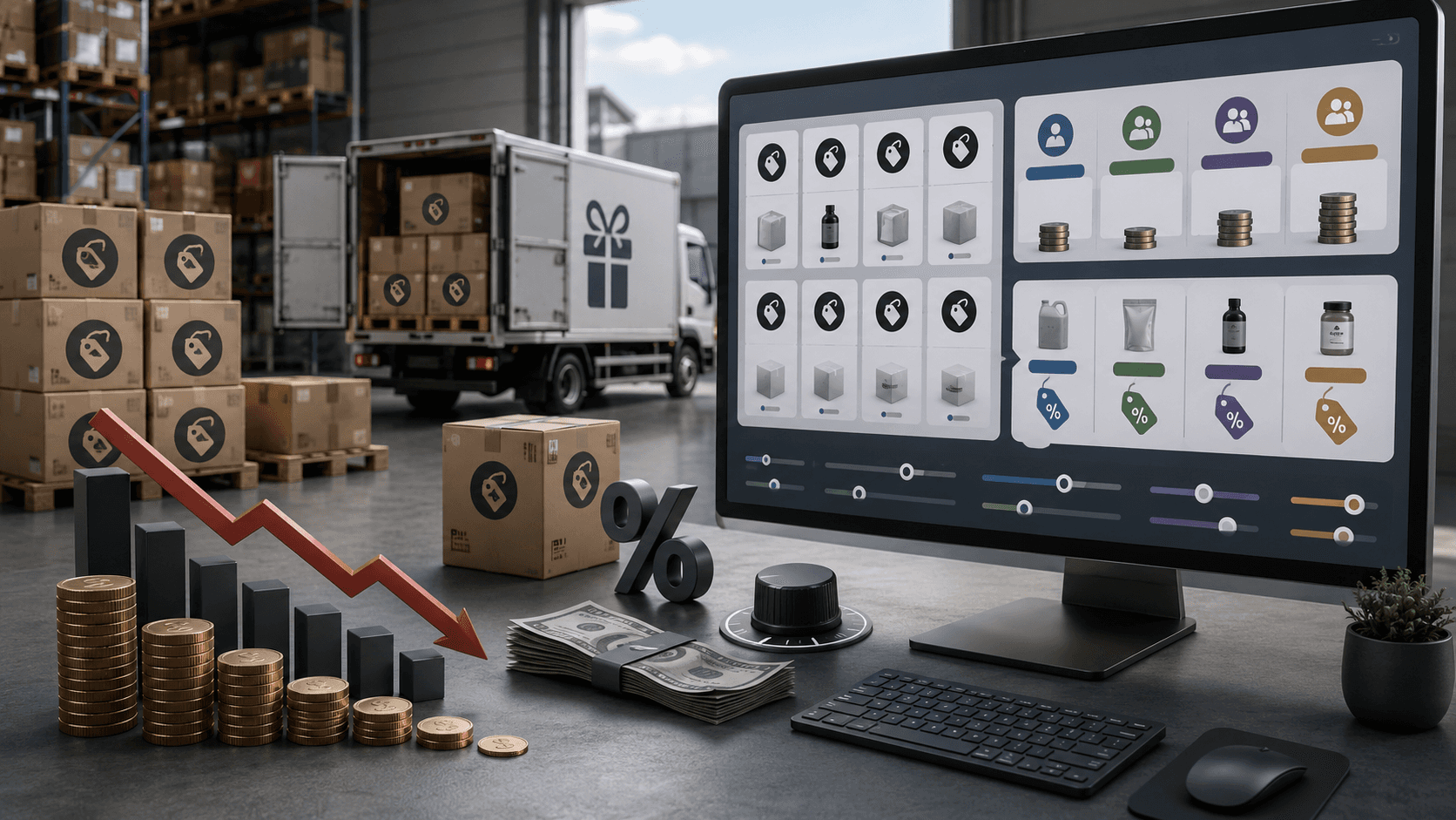 Ambiente industrial em 3D realista com caixas, pallets e caminhão de entrega ao fundo. Em primeiro plano, moedas, dinheiro, símbolo de porcentagem e gráfico em queda indicam perda de margem. Ao lado, um monitor exibe um painel de precificação B2B com produtos, grupos de clientes, descontos e controles de preço, representando erros como tabela única, frete grátis indiscriminado e desconto por volume mal calibrado.