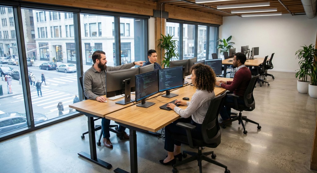 A desk with a laptop and an employee badge laying on top of it.