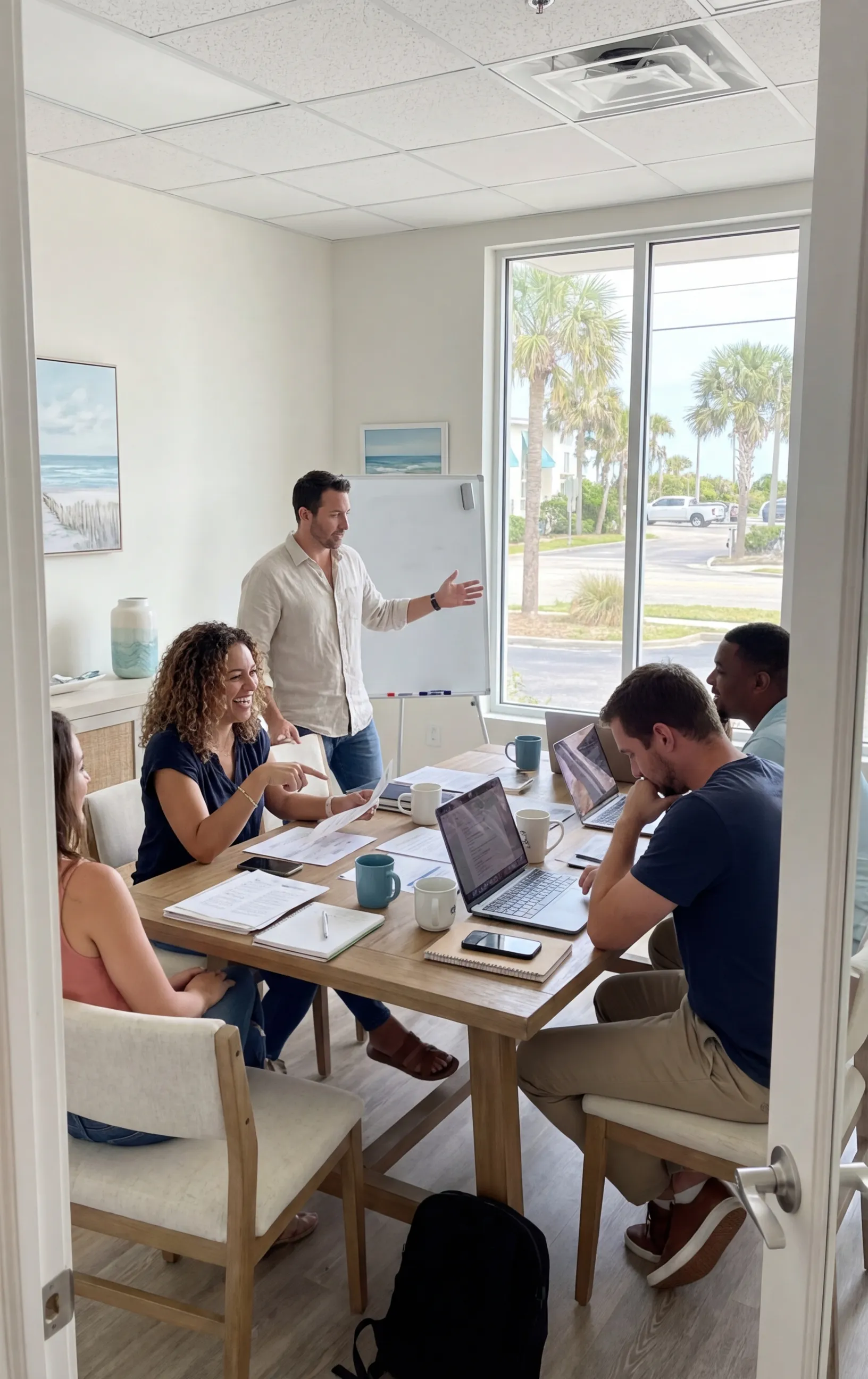 Meeting at RockN' Socials, a digital marketing agency, with a team brainstorming.